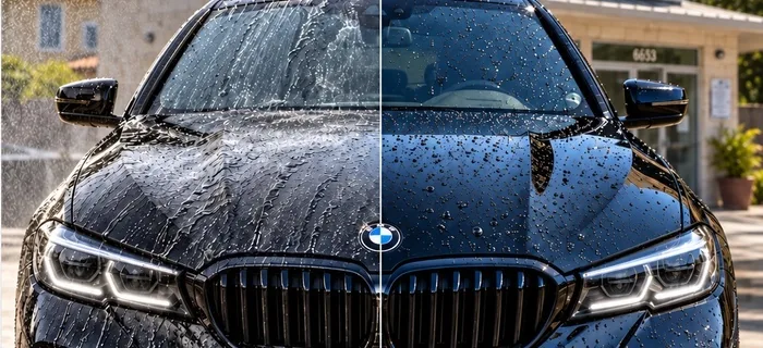 Black BMW split down the middle, with water sheeting across the uncoated half and beading on the ceramic coated half